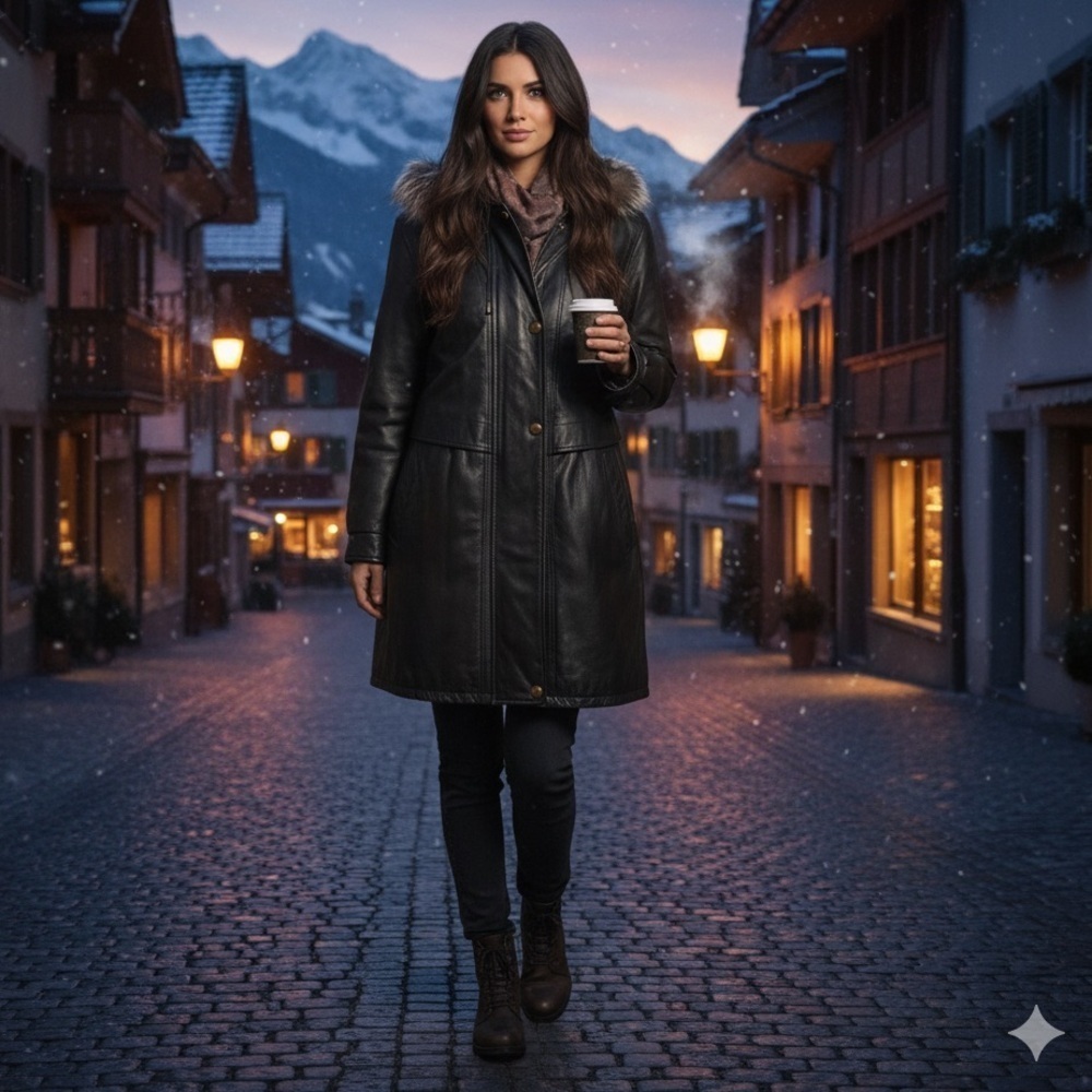 Cruze genuine leather coat with real fur trim hood women’s small‎ quilted lining